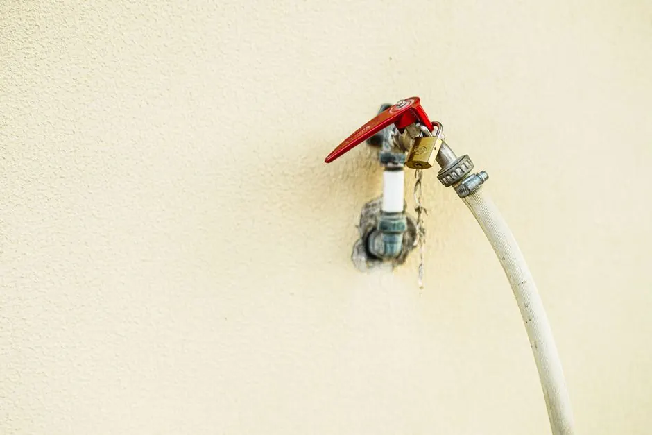 Detailed view of an outdoor water faucet with a bright red handle in Dubai, UAE.